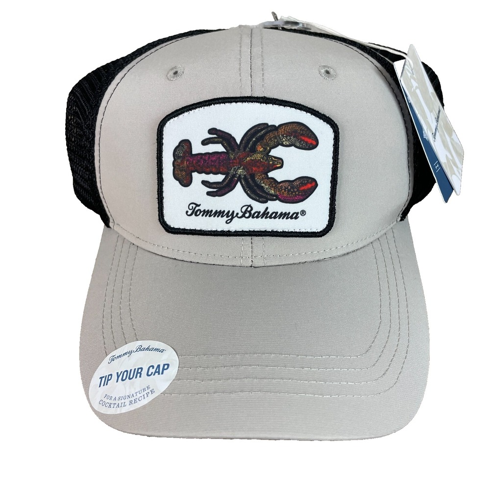 Tommy Bahama Trucker Hat Mens OS Tan Black Lobster Patch Mesh Snapback‎ Cap